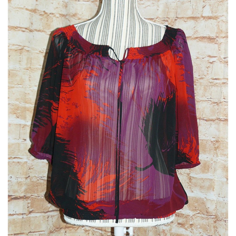 Merlot, Red & Black AUTUMN LEAF Print Boho Top, L